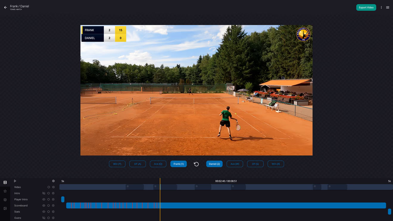 MatchCut Pro tennis video editor with scoreboard and match timeline